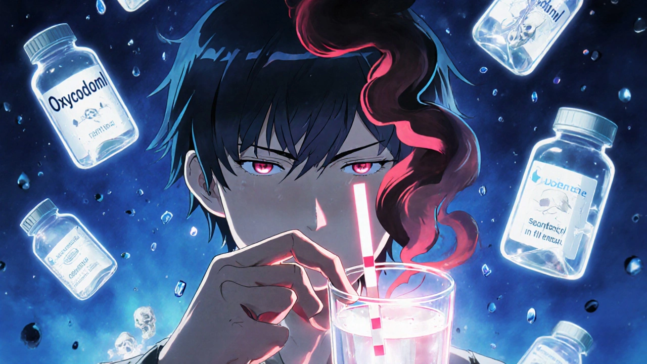 A hand testing a pill with a fentanyl strip showing one red line, skull-shaped smoke rising.