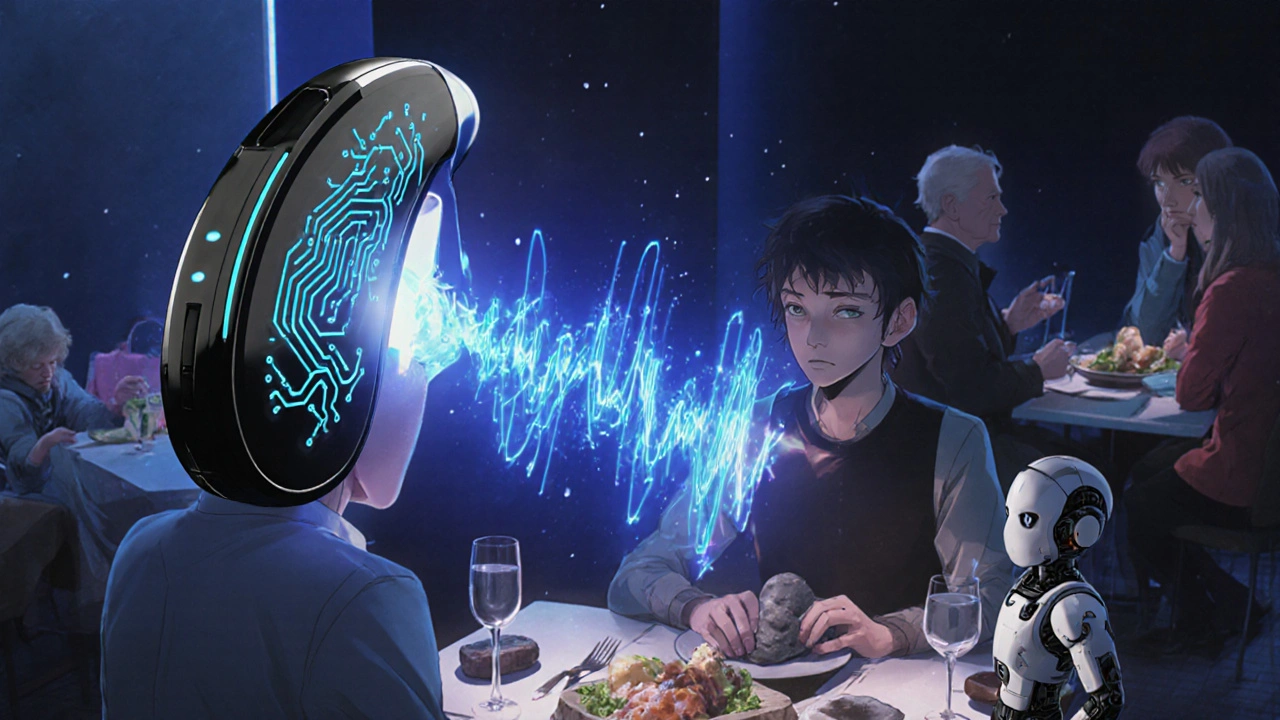A hearing aid automatically optimizing sound in a noisy restaurant with glowing AI visuals.