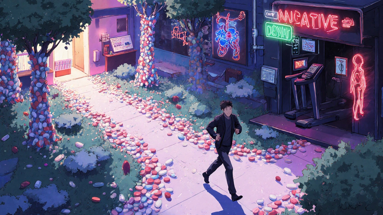 A man choosing between a healthy medical path and counterfeit pill alley in stylized anime landscape.