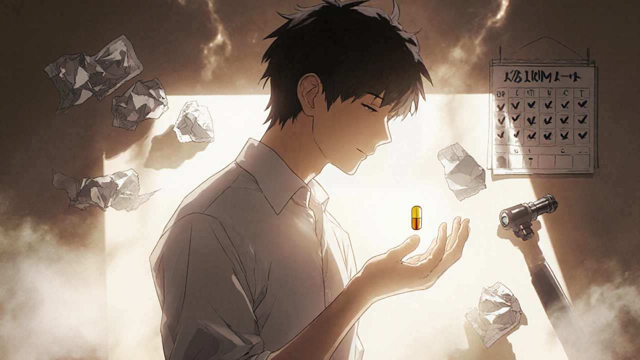 A man holding a small tadalafil pill with warm light, surrounded by fading failed attempts.