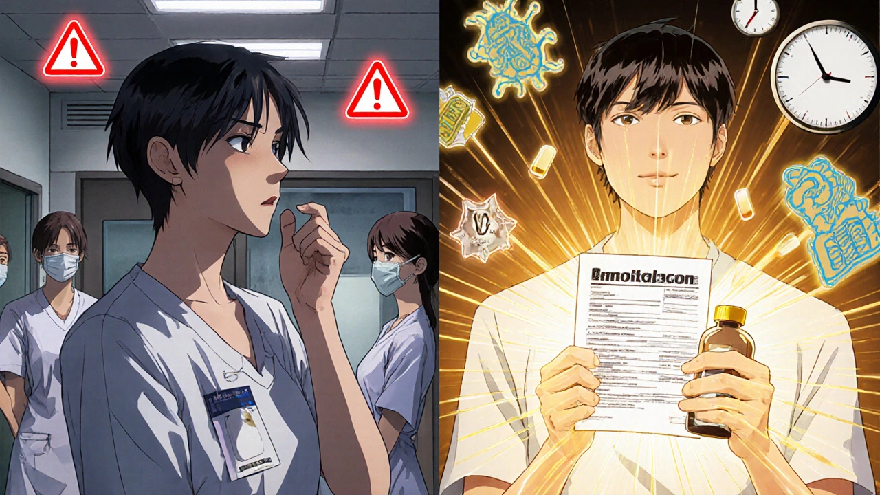 A patient holding amoxicillin with golden light bursting out, while hospital bills and resistant bacteria fade away.