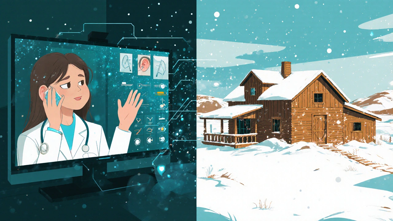 A video call between an audiologist and a rural patient for remote hearing aid adjustments.