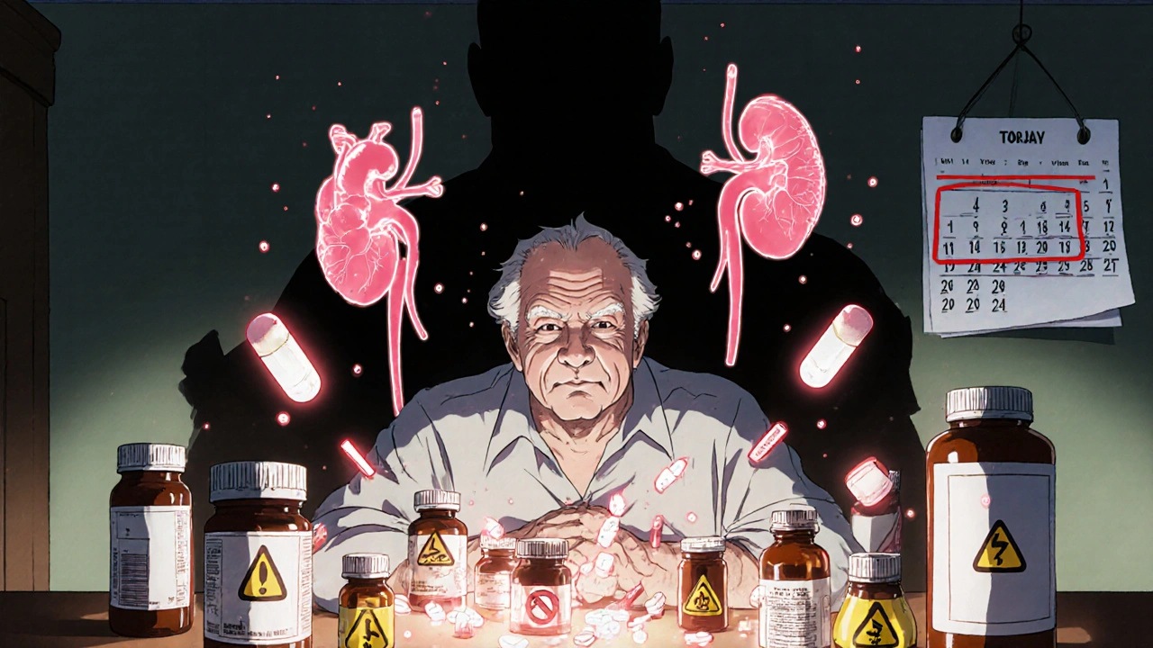An elderly man surrounded by exploding pill bottles, his shadow forming a failing heart and kidney.