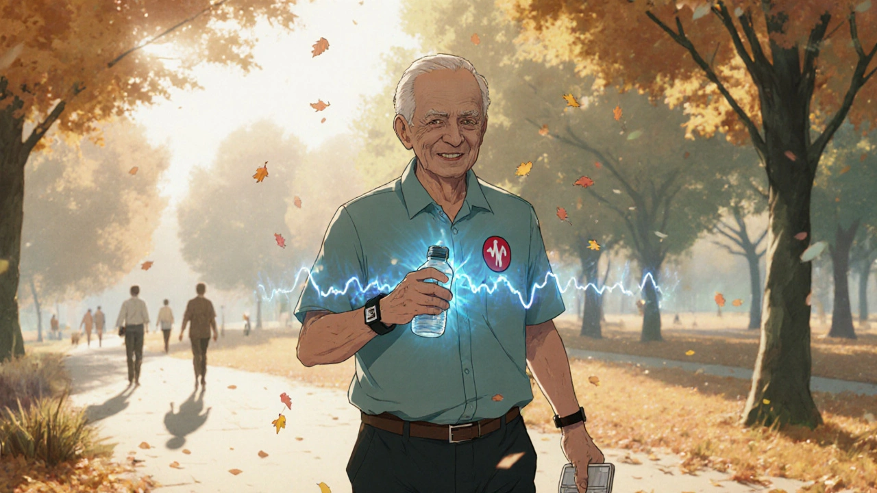 An elderly man walking peacefully in a park at dawn, wearing a medical alert bracelet and holding water and pills.