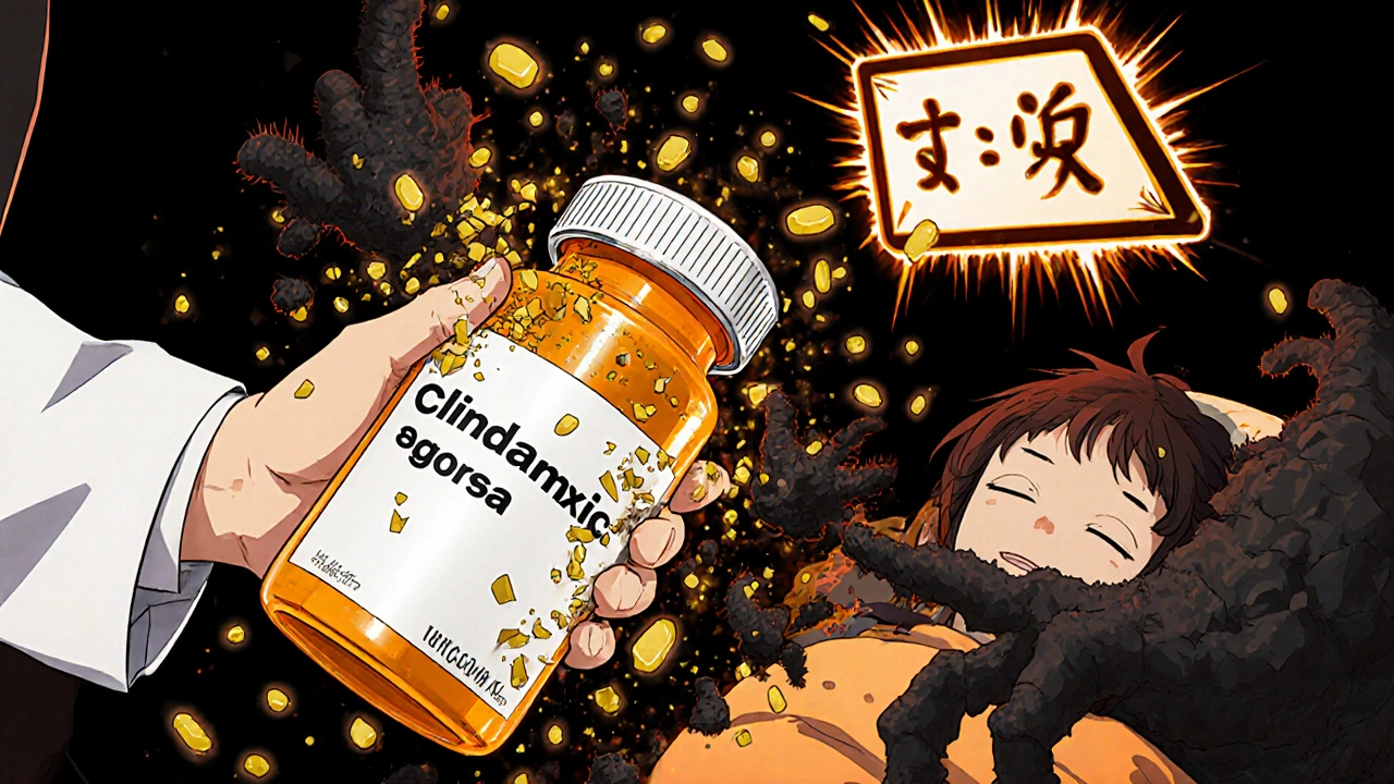 Clindamycin bottle shattering as harmful spores consume beneficial gut bacteria.