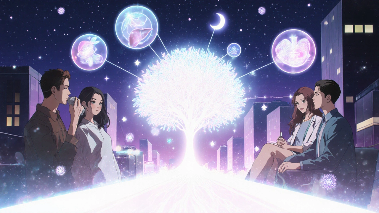 Diverse individuals walking, counseling, and taking medication surrounded by metabolic health symbols.