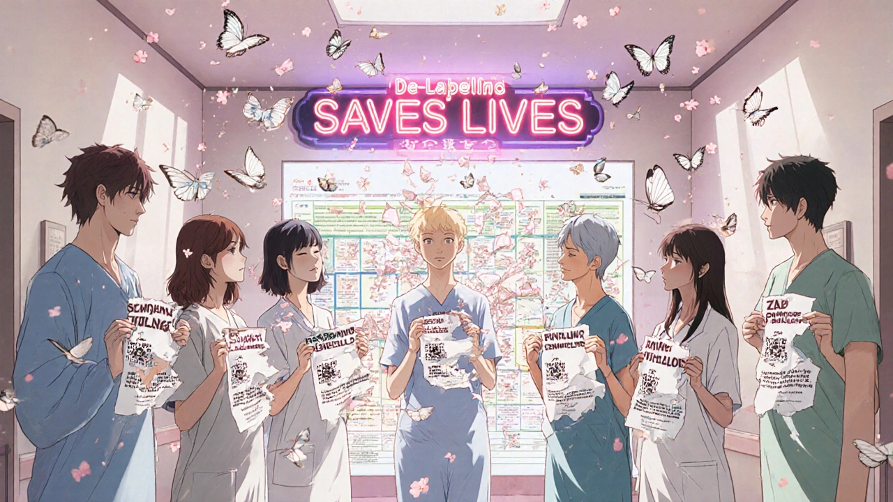 Diverse people releasing papers labeled &#039;Penicillin Allergy&#039; as they turn into butterflies, symbolizing freedom from misdiagnosis.