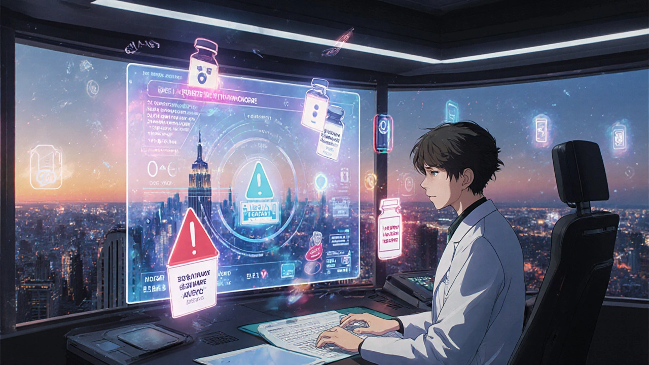 Futuristic FDA command center merging drug safety alerts with Spanish-language notifications.