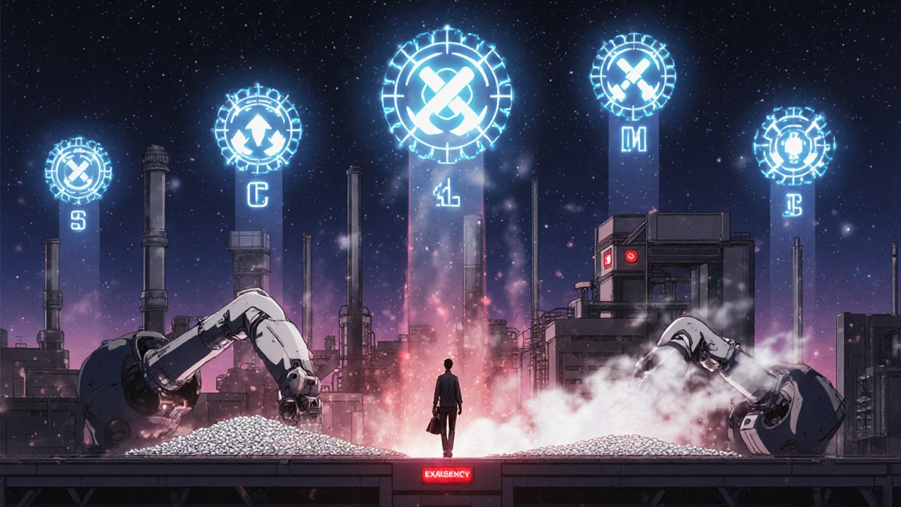 Glowing generic drug factory at night with compliance icons rising from production lines under red lights.