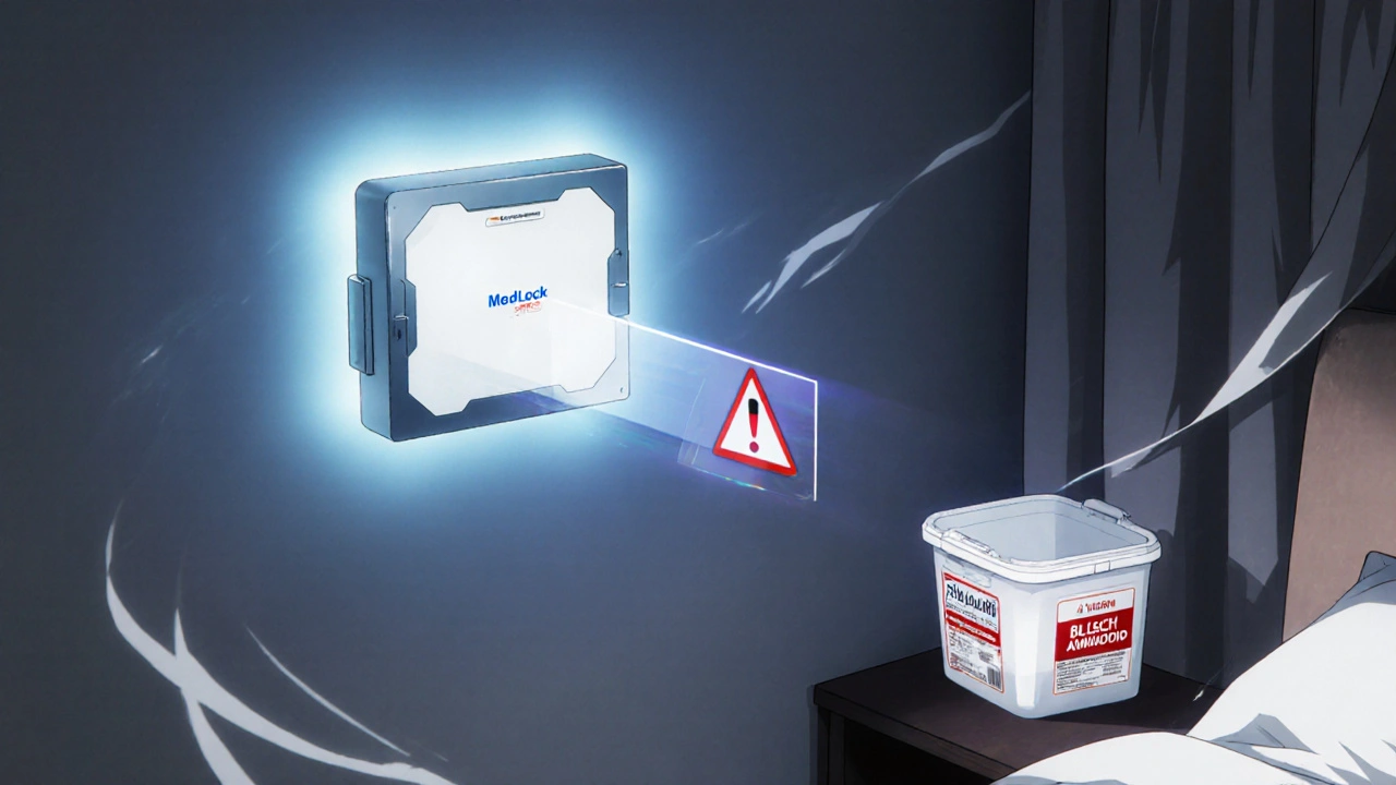 Glowing medicine lockbox on wall opposite low-storage chemical bin