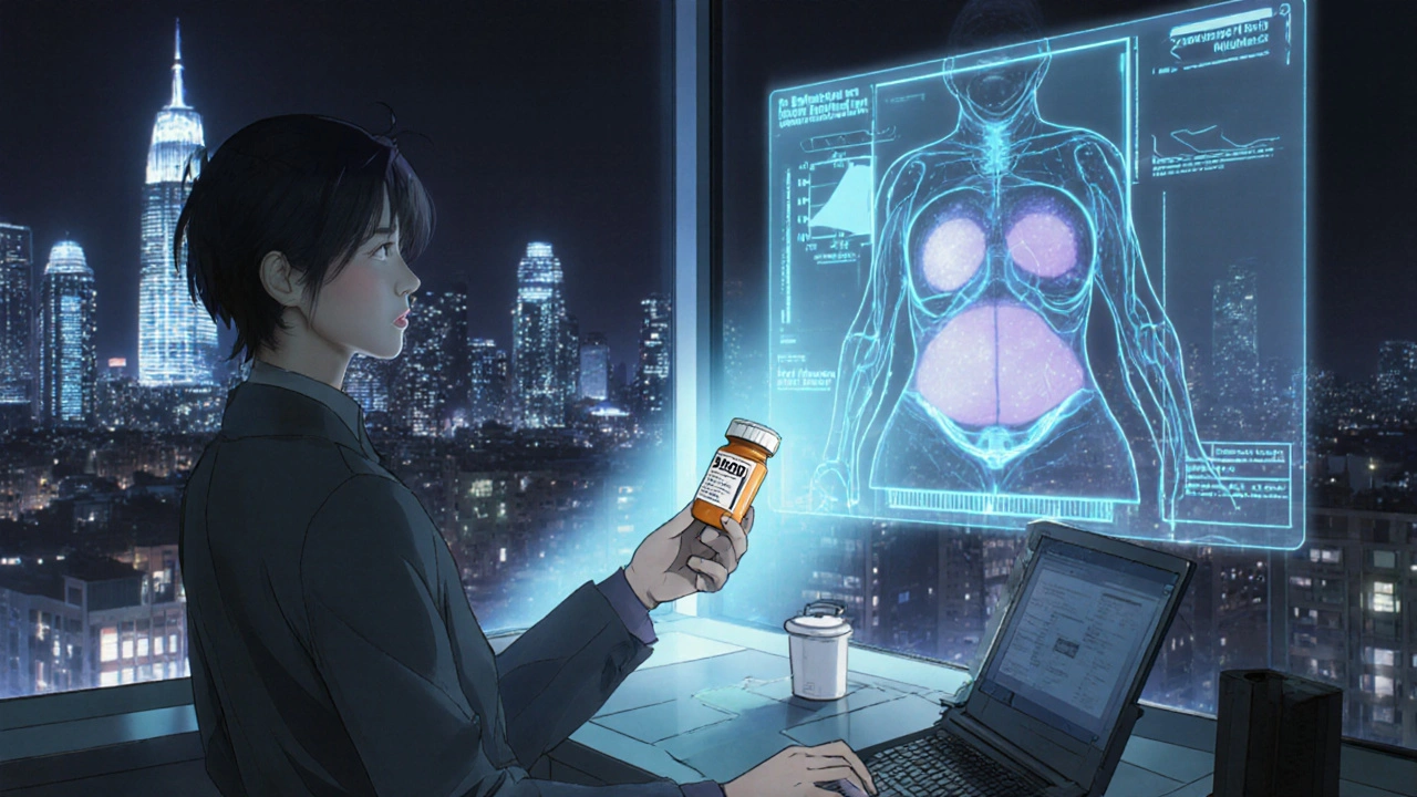 Holographic metabolic scan in a clinic with socioeconomic disparities visible through the window.