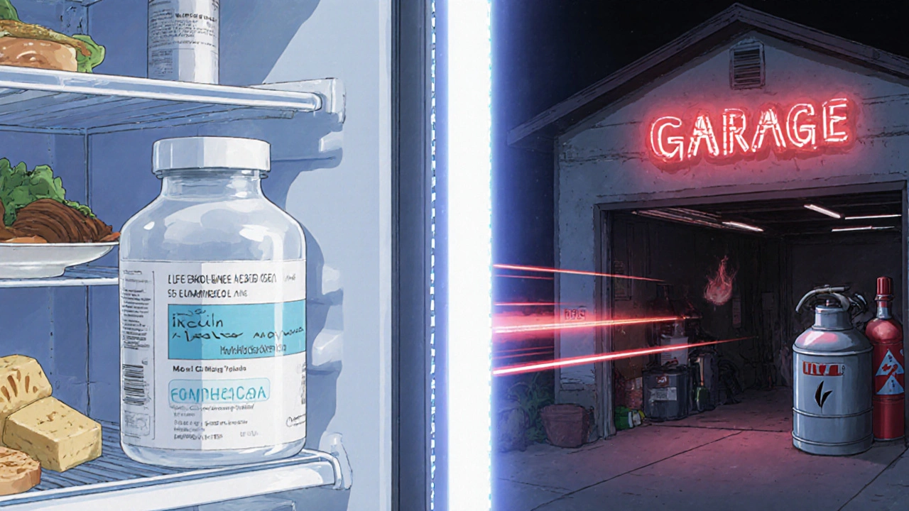 Insulin in fridge back corner, six-foot safety line to garage storage