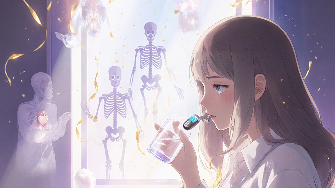 Patient taking one pill at sunrise, golden energy stabilizing their body as ghostly images of past misuse dissolve into light.