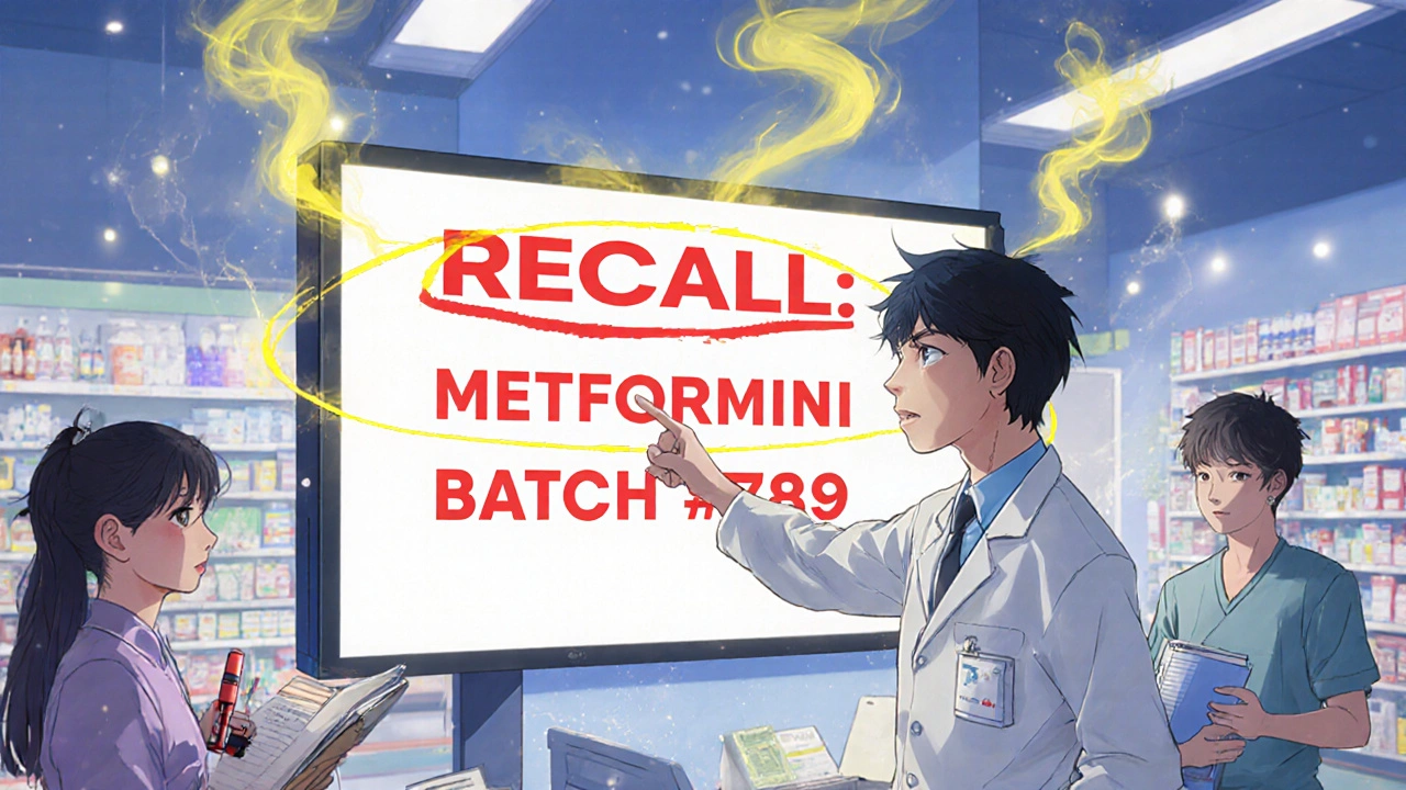 Pharmacist alerting patients about a recalled medication with a glowing FDA warning screen.