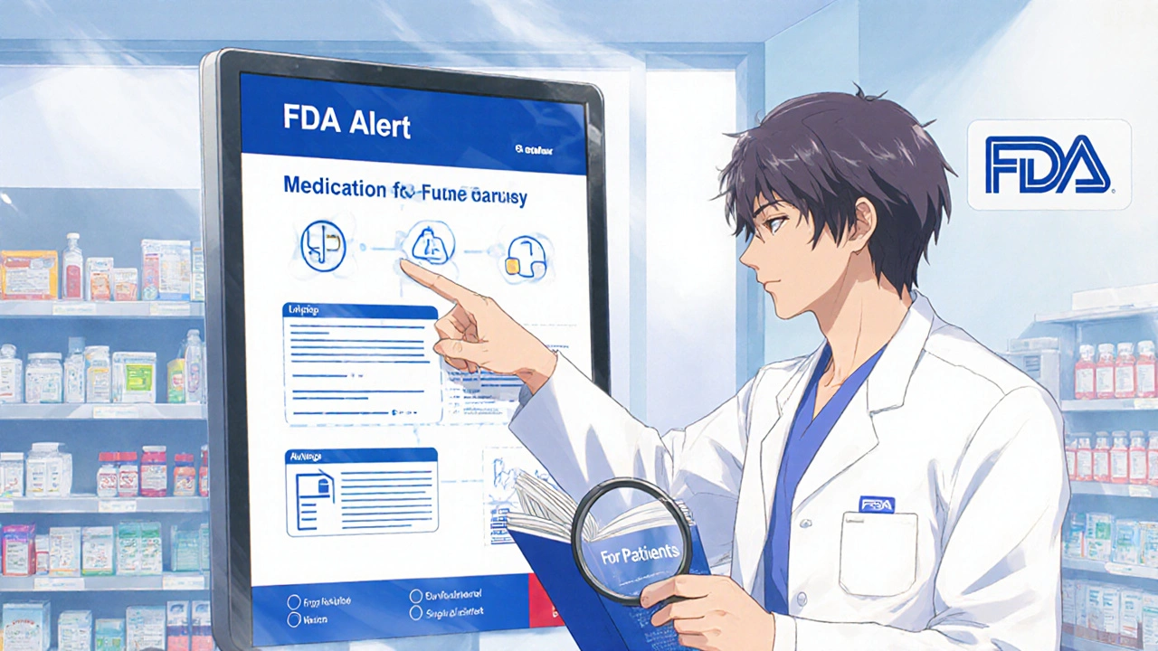 Pharmacist and patient reviewing FDA safety alert on a digital screen in a pharmacy.