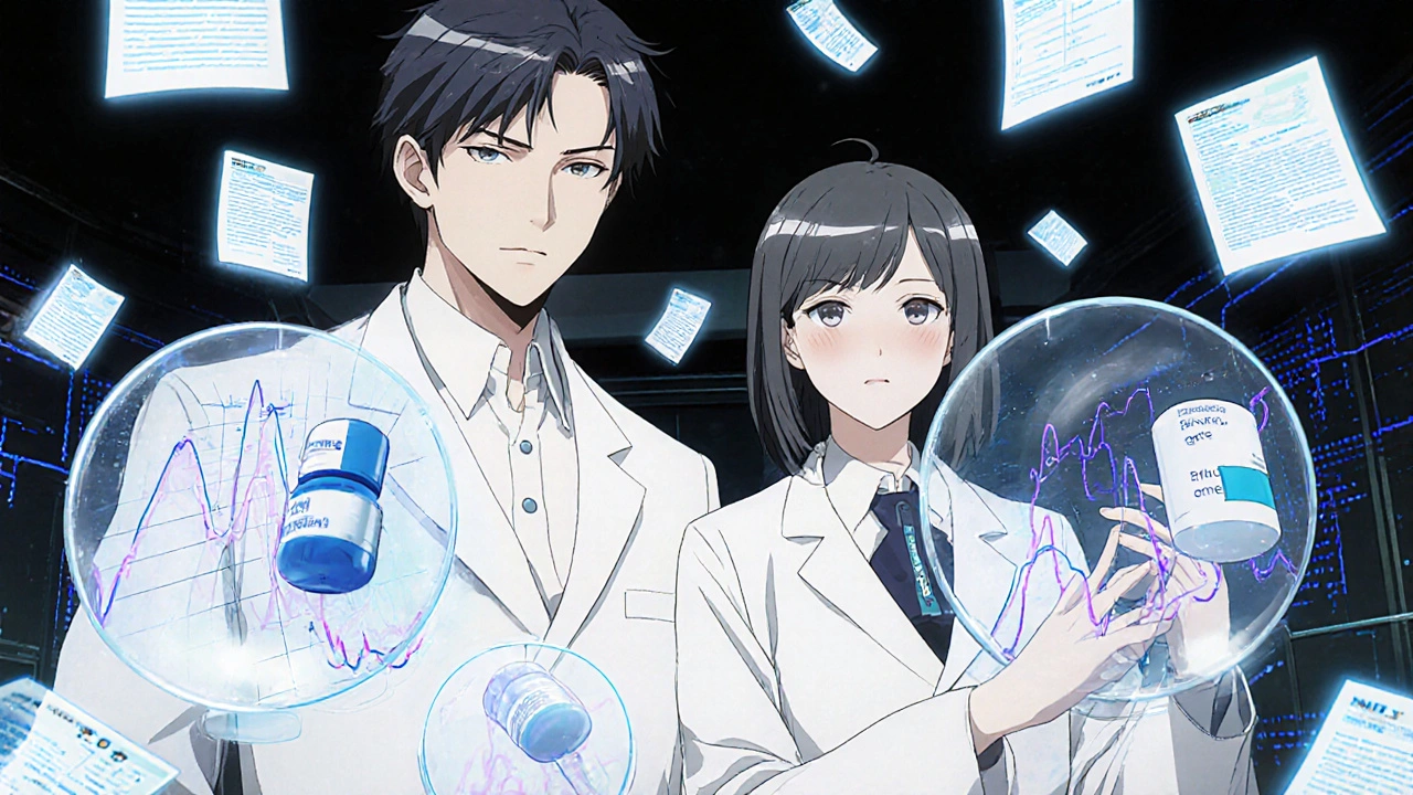 Scientists analyzing floating 3D drug molecules with blood absorption curves in a high-tech FDA lab.