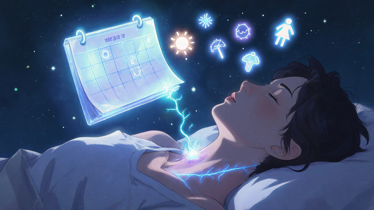 Sleeping person with glowing virus traveling from nerve to lip, surrounded by trigger symbols.