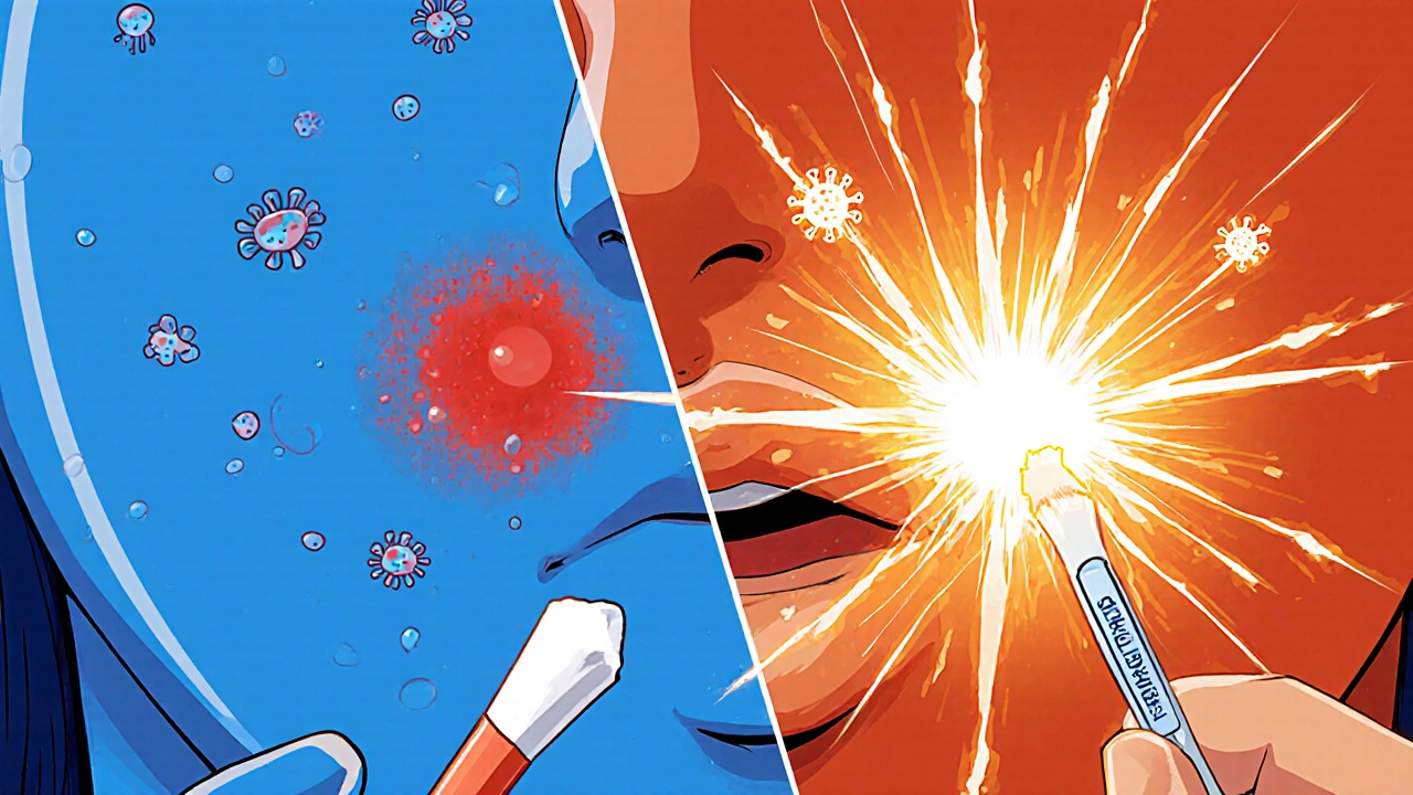 Split illustration comparing a pimple and cold sore with contrasting visual elements.