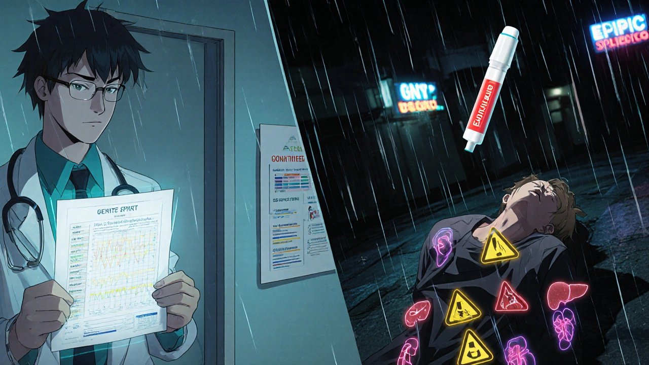 Split scene: calm doctor with genetic chart vs. collapsing person with digital warning glyphs and hovering EpiPen.