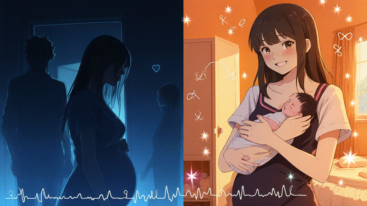 Split scene: distressed pregnant woman in darkness vs. smiling mother with newborn in light, glowing molecules around her