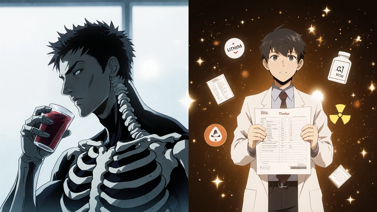 Split scene: gym user taking thyroid pills while their shadow becomes skeletal; doctor holds blood test with warning icons floating nearby.