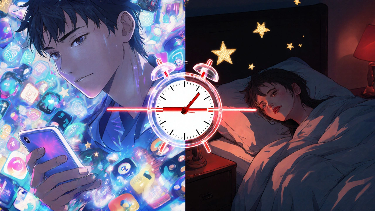 Split scene: one side chaotic screen glow, other side peaceful sleep with fireflies, clock marking the transition to bedtime.