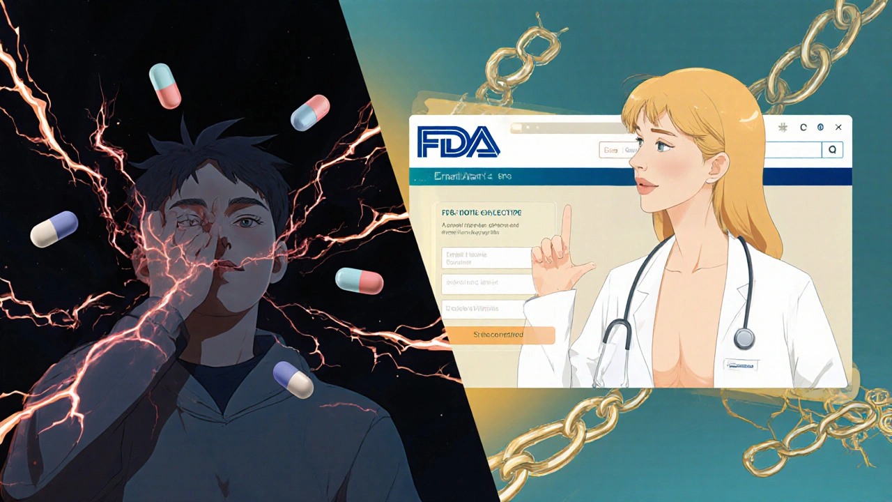 Split scene: person stopping medication in panic vs. calmly consulting doctor with FDA alert visible.