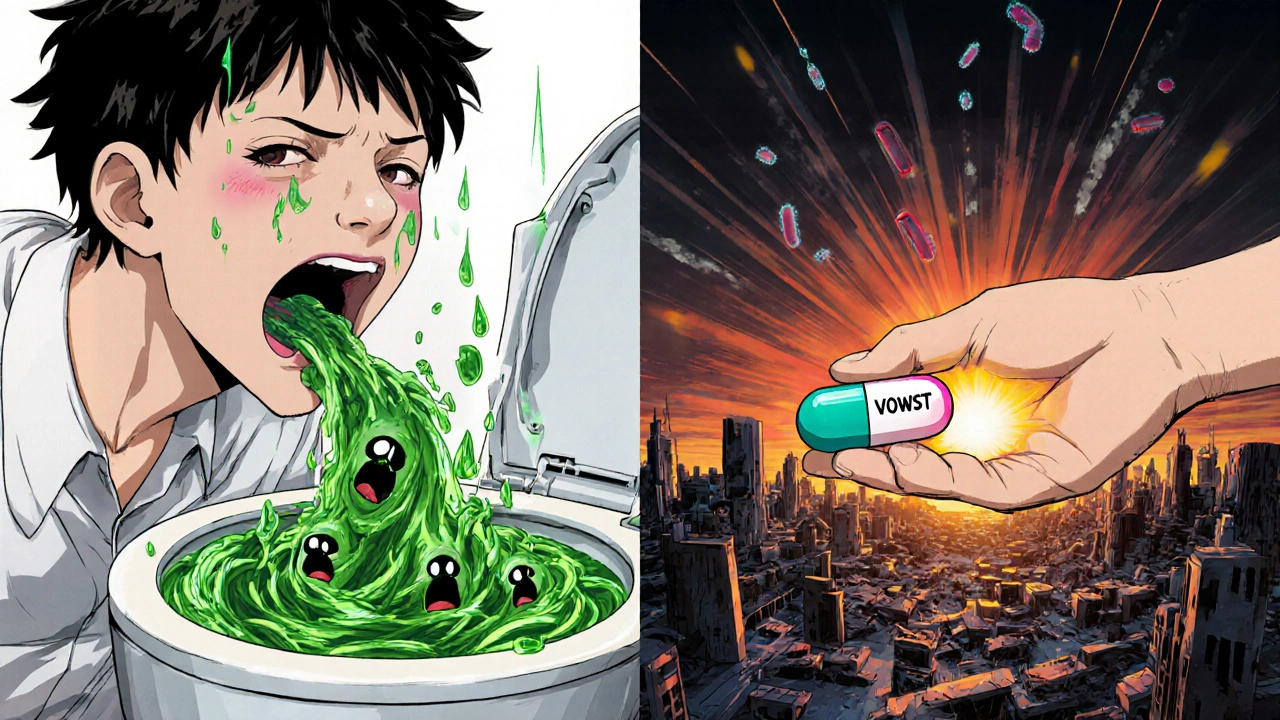 Split scene: toxic diarrhea vortex vs. hopeful VOWST pill restoring gut health.