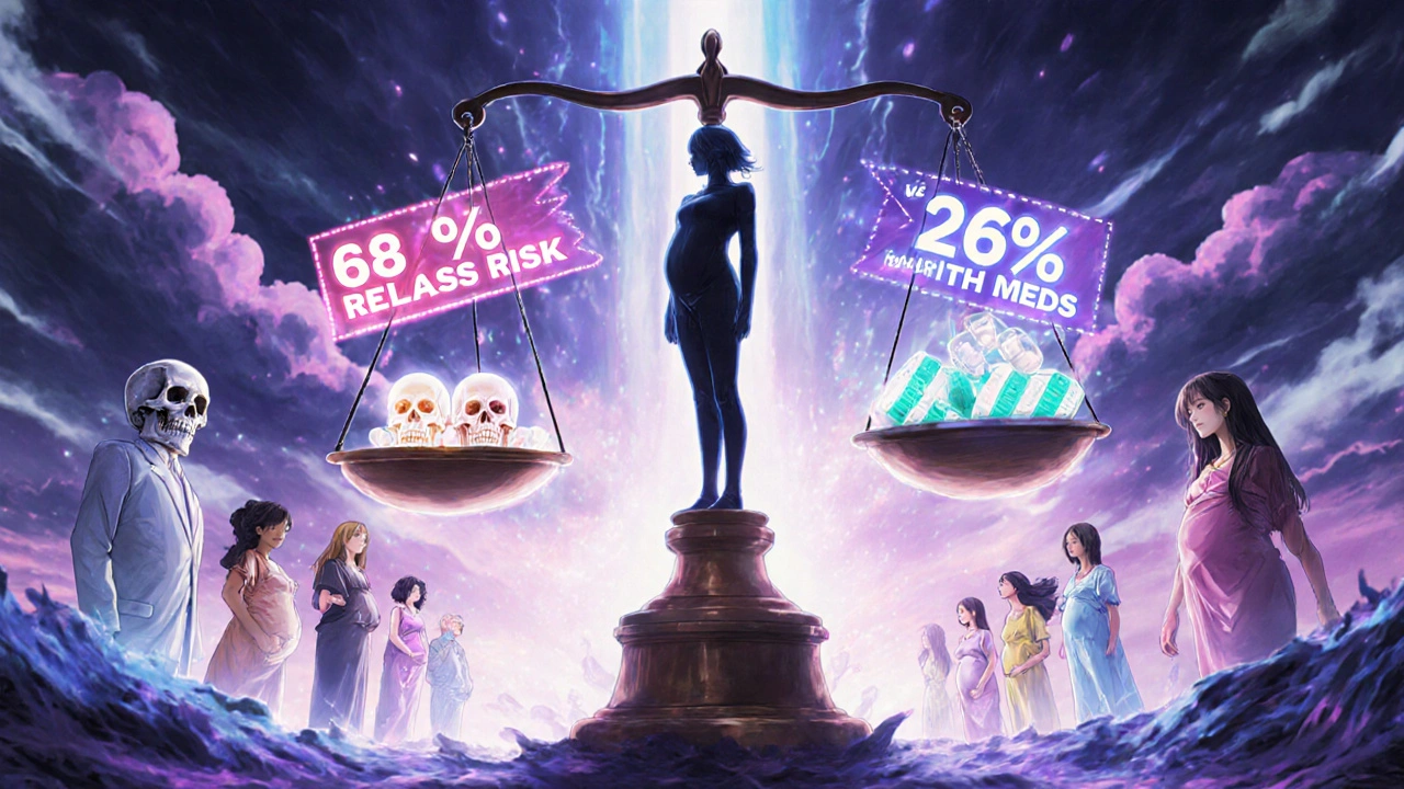 Surreal debate scene with medical data scale balancing depression risks against SSRI benefits