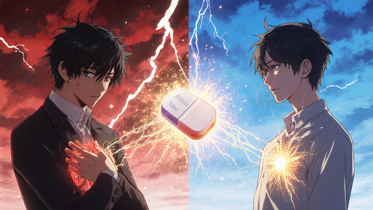 Two contrasting figures: one in pain under a stormy sky, the other calm under golden light, connected by a dissolving pill.