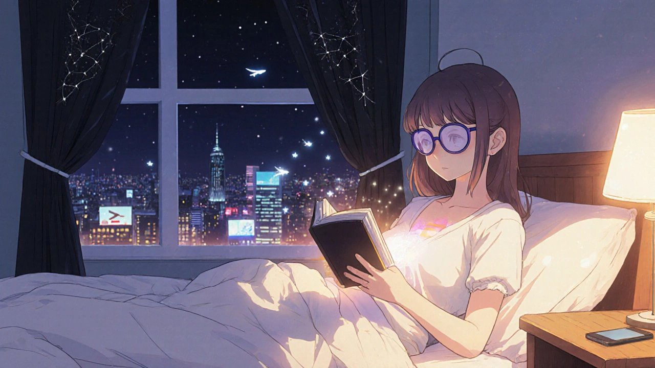 Woman reading a book under warm light, phone out of reach, melatonin particles rising as blackout curtains block outside light.