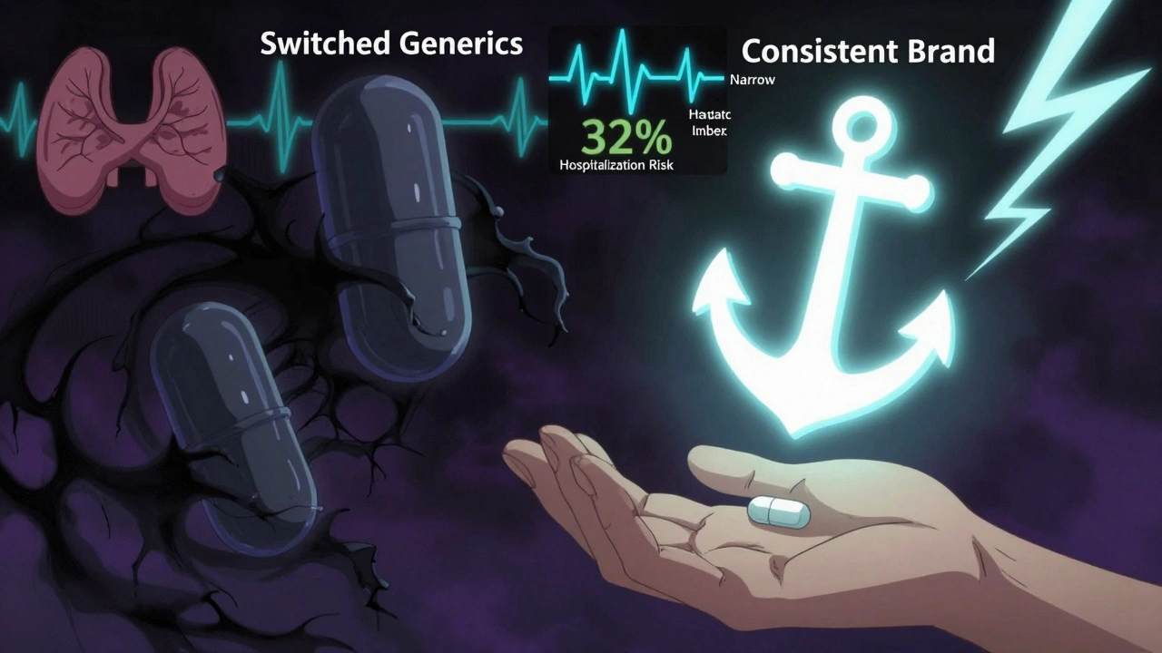 A battle between chaotic and stable pills above a patient’s hand, representing medication consistency risks.