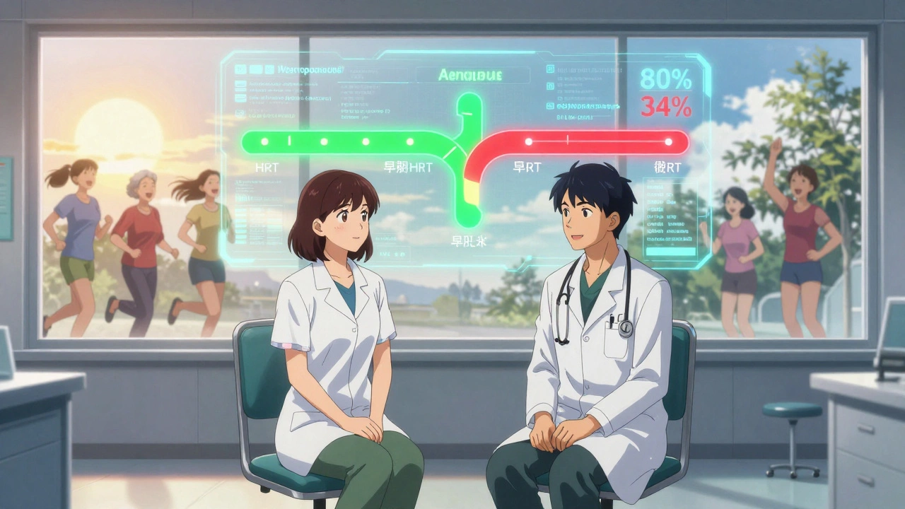 A doctor and patient viewing a holographic timeline of menopause and HRT benefits in a futuristic clinic.