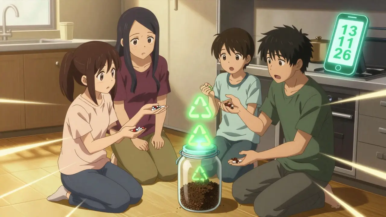 A family disposing of expired meds with coffee grounds, glowing poison help number visible.