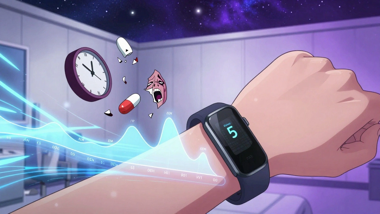 A fitness tracker on an arm with swirling sleep stage graphs and dreamlike fragments floating around it in a surreal environment.