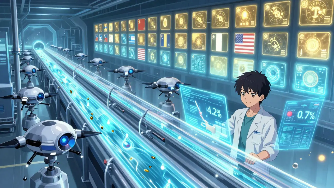 A futuristic continuous manufacturing line with AI drones and a holographic dashboard showing improved quality metrics.