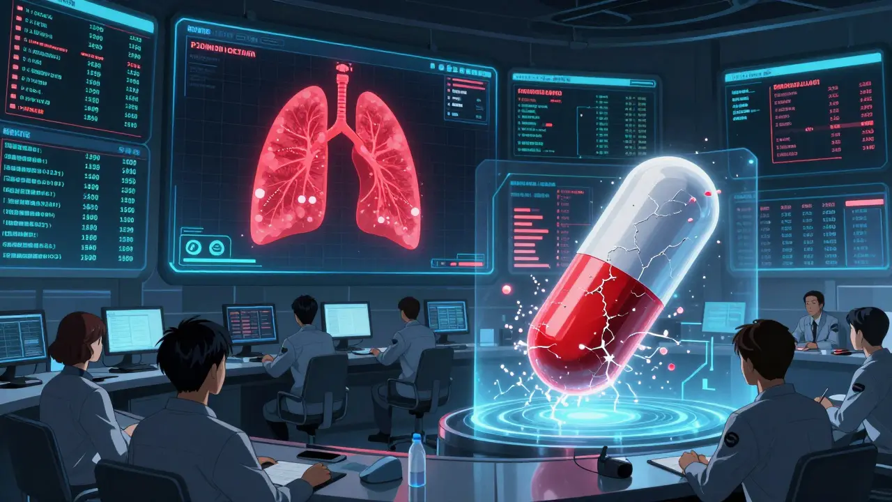 A futuristic FDA control room with giant screens showing real-time health data and a fractured 3D model of a complex generic capsule.