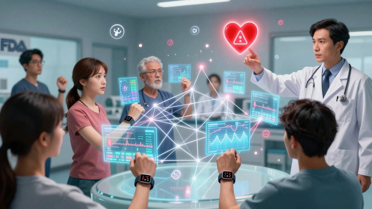 A group of patients in a clinic holding wearables that project holographic health data, with a doctor reaching toward a warning heart icon.