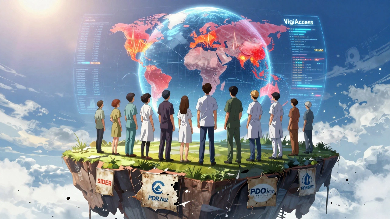 A group of people facing a global hologram showing worldwide drug side effect reports, with outdated sources crumbling below.