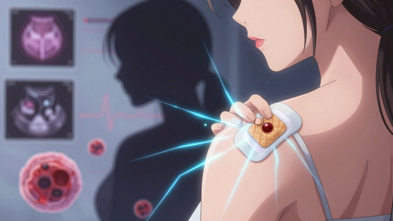 A hand applying a hormone patch with glowing energy lines, contrasting shadowy health risks in the background.