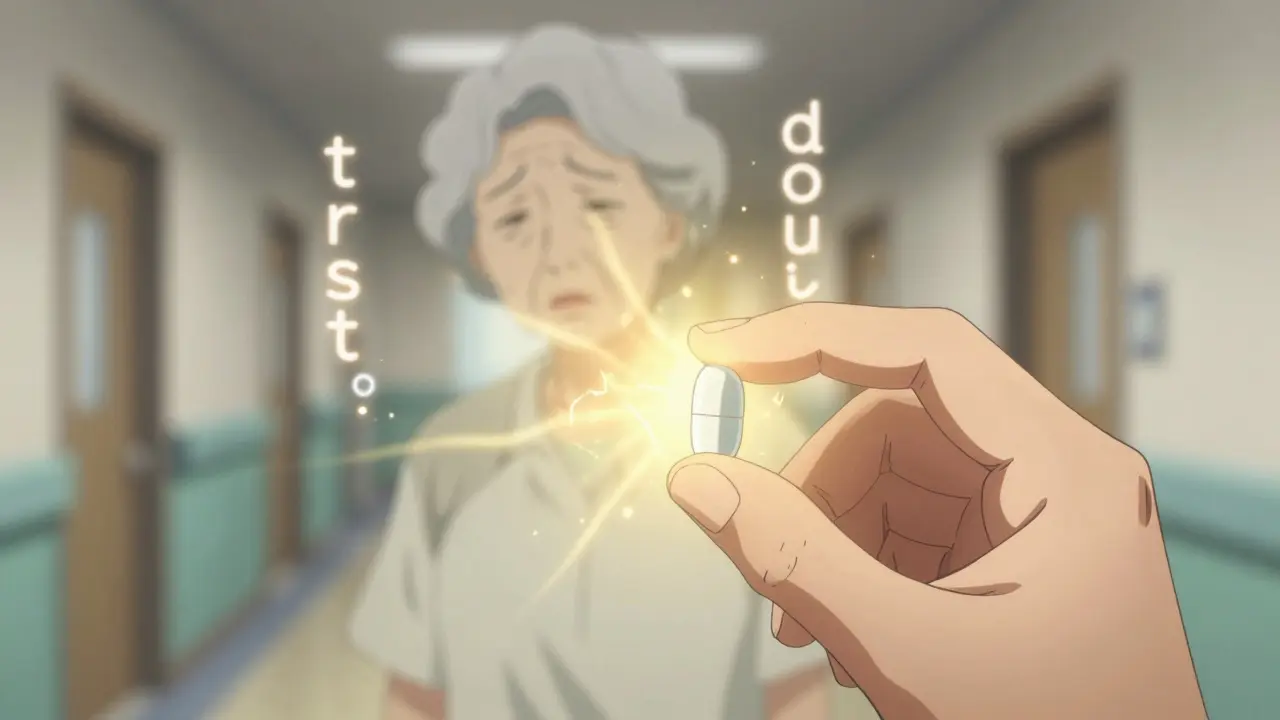 A hand holding two generic pills, one glowing warmly, the other crackling with static, with a ghostly figure behind symbolizing doubt.