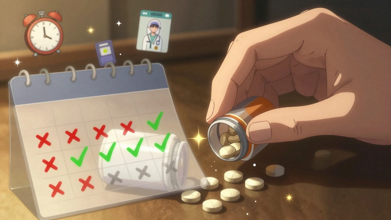 A hand picks up a pill as scattered pills transform from missed days into checkmarks with floating health icons.