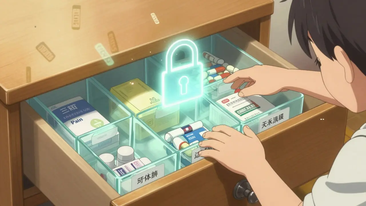 A locked drawer with labeled bins organizing medicines, a child's hand frozen mid-reach.