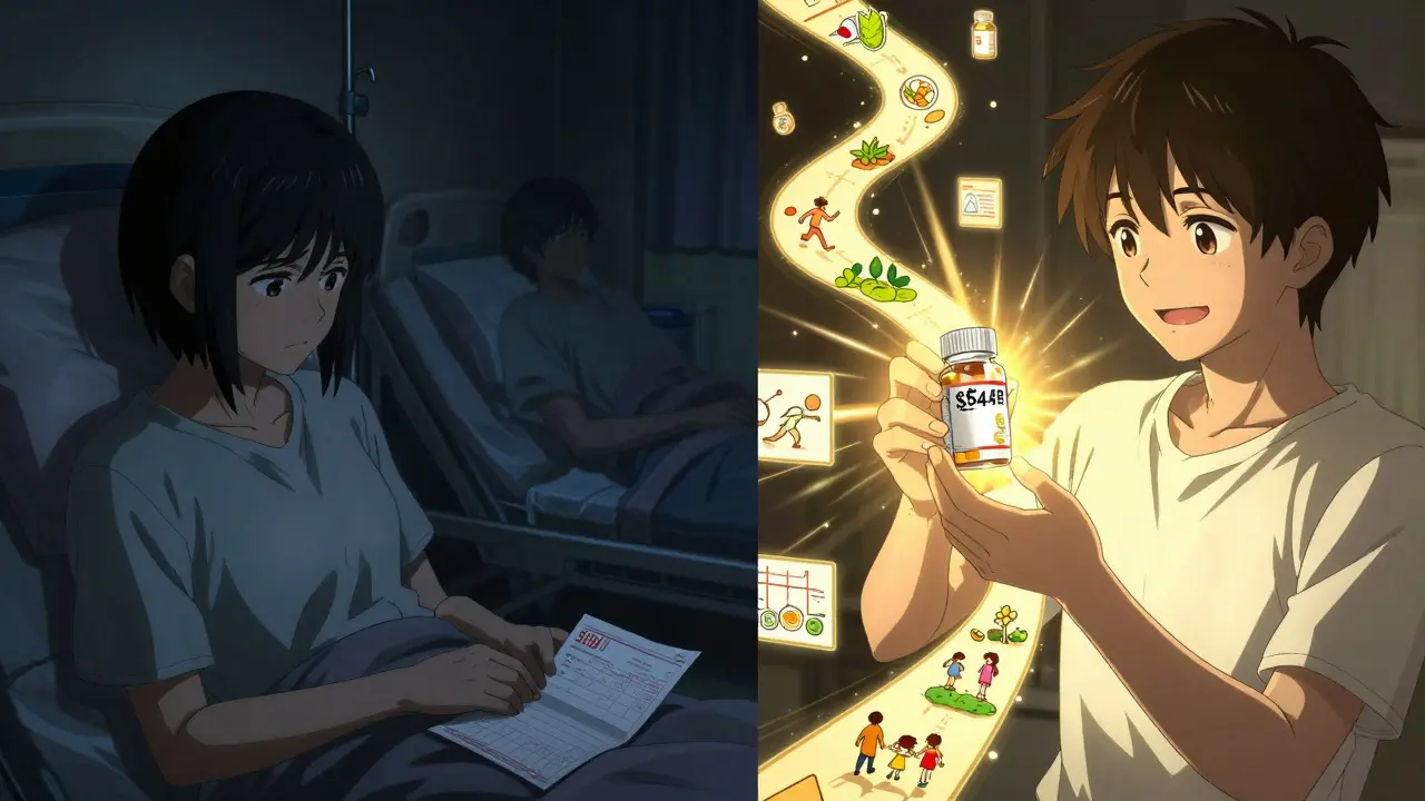 A patient choosing a cheap generic pill over an expensive brand, with health and savings symbols glowing beside them.