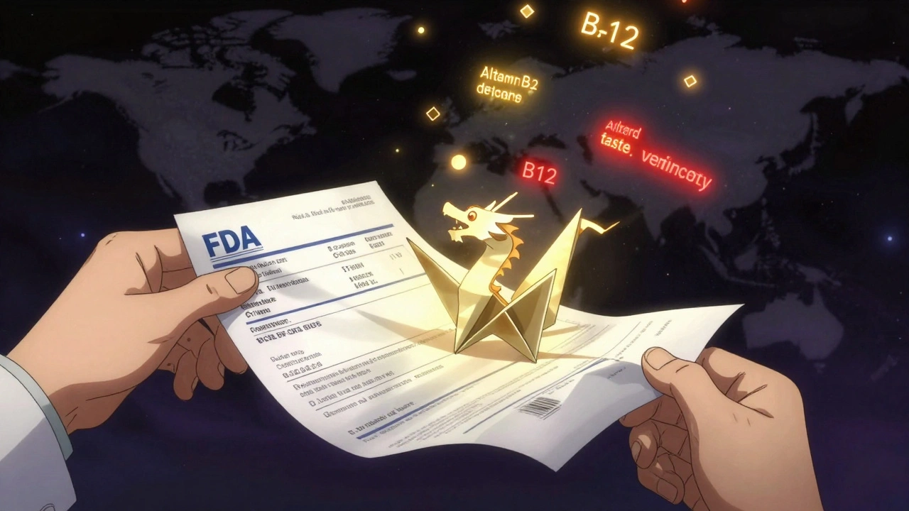 A pharmacist unfolding a glowing FDA label that transforms into a dragon with rare side effects rising from it.