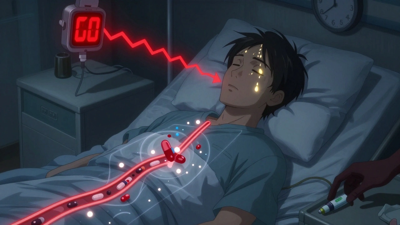 A sleeping diabetic patient with a CGM flashing red alerts and sweat beads glowing as adrenaline is blocked by medication.