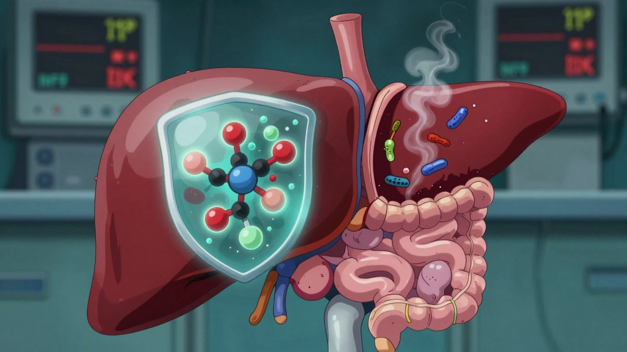 A stylized liver with warfarin molecules blocked and vitamin K synthesis collapsing, surrounded by fading gut bacteria.
