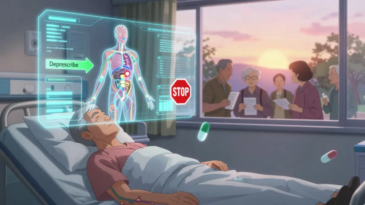AI hologram showing drug pathways in aging body, green deprescribe arrow, red stop signs.