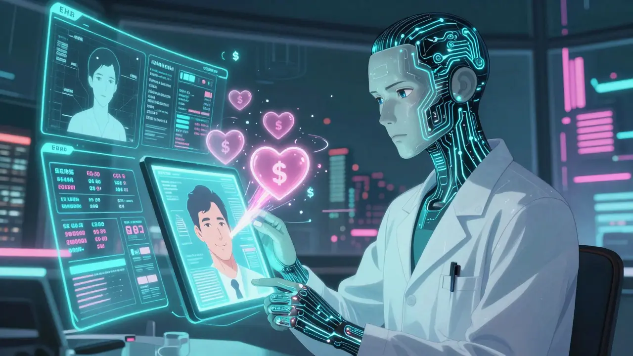 An AI doctor analyzing patient data as a medication switch transforms into positive health outcomes.