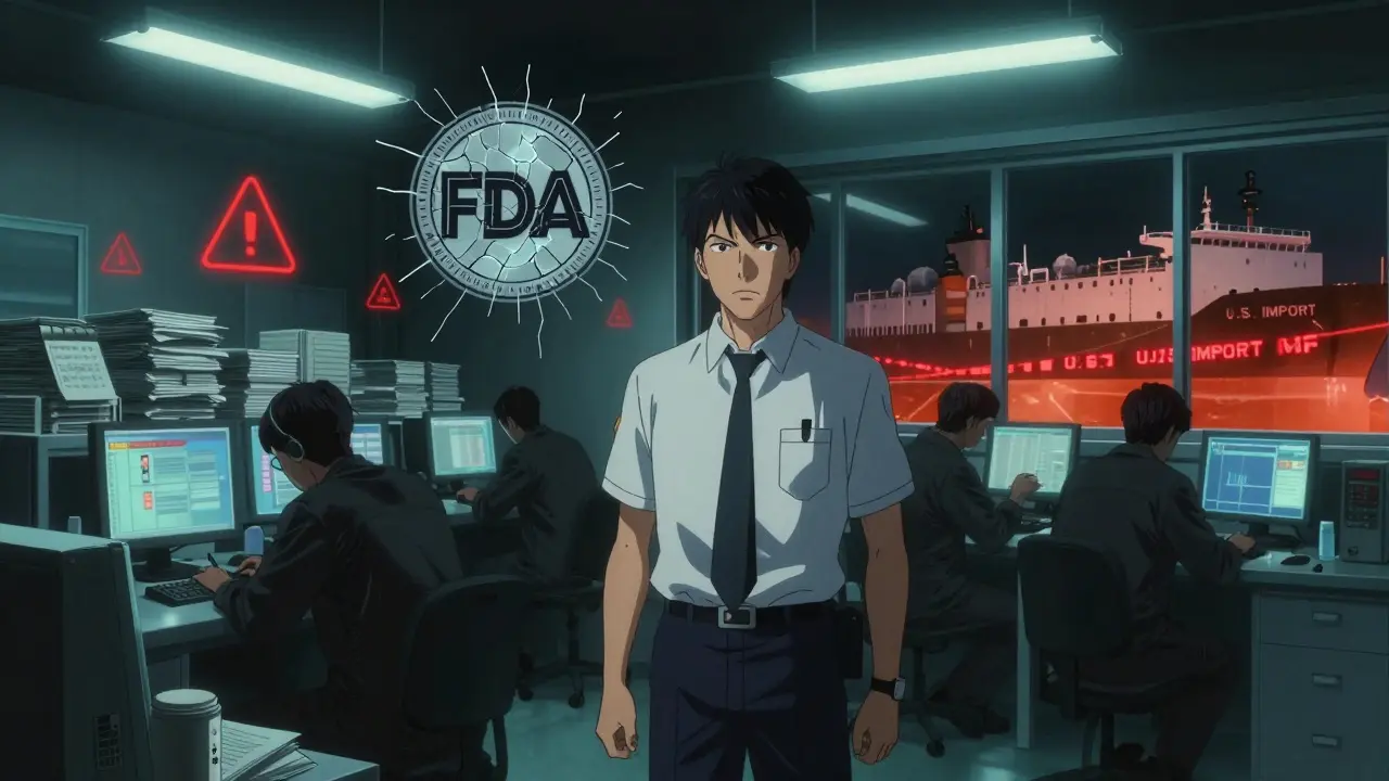 An FDA inspector confronting data tampering in a foreign drug factory with warning glyphs and a blocked shipment.